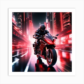The Image Depicts A Futuristic Scene With A Black And Red Motorcycle Ridden By A Cyborg 1 Art Print