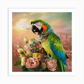 Parrot With Flowers Art Print