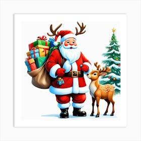 Santa Claus And Deer with Christmas gifts Art Print