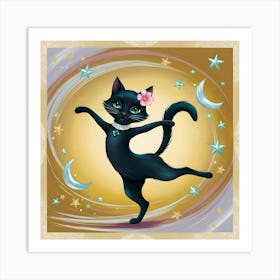 A Whimsical Illustration Of A Sleek Black Cat 3 Art Print