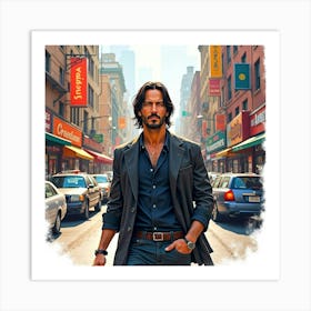 Keanu Reeves In A Watercolor City Scene With Vibrant, Bustling Streets Art Print