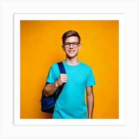 Firefly 18 Year Old, Boy, Transparent Glasses, T Shirt, Light Blue, Bag, Carrying, Yellow, Backgroun Art Print