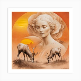 Deer And The Woman Art Print