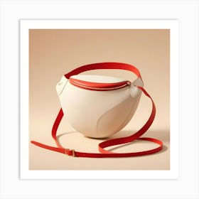 A White And Red Fanny Pack With A Unique, Rounded Shape Against A Light Peach Background Art Print