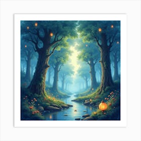 Watercolor Enchanted Forest With Floating Lanterns 1 Art Print