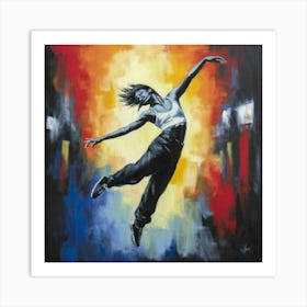 a vibrant and expressive portrait of a street dancer in mid-motion, surrounded by the dynamic energy of an urban environment. This lively and culturally infused art print is perfect for dance enthusiasts and those who appreciate the raw, artistic beauty of street dance, adding a touch of urban rhythm to home decor. Art Print