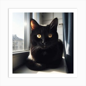 Black Cat Sitting On Window Sill Art Print