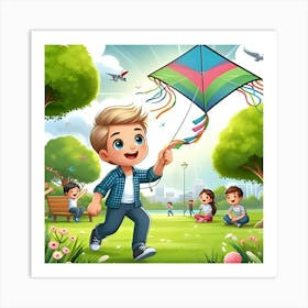 A Child Flying A Kite In A Park With Other Kids Playing In The Background Art Print