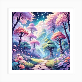 A Fantasy Forest With Twinkling Stars In Pastel Tone Square Composition 12 Art Print