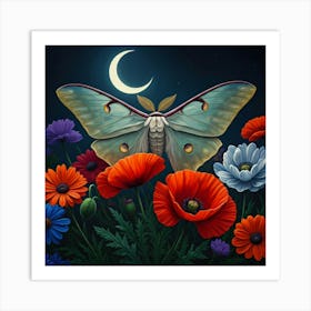 Moth And Flowers Art Print