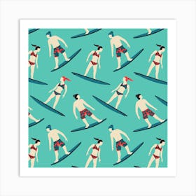 STOKED Summer Beach Surfer Girl Surfer Dude Outdoor Ocean Sports with Surfboard in Vintage Retro Red Blue White on Turquoise Art Print