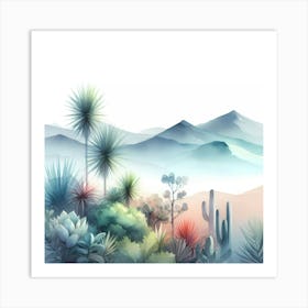 Watercolor Landscape With Cactus Art Print