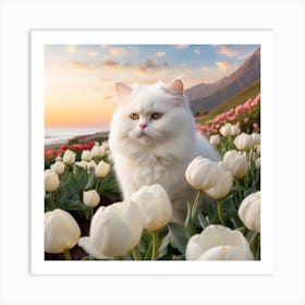 White Cat In White Tulips Art Print