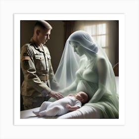 Young solider and his new born baby mourning his wife Art Print