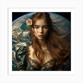 Beautiful Woman With Flower On The Earth Art Print