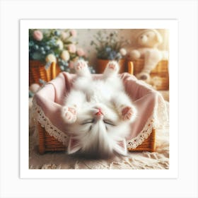 Cute Kitten Sleeping In A Basket Art Print