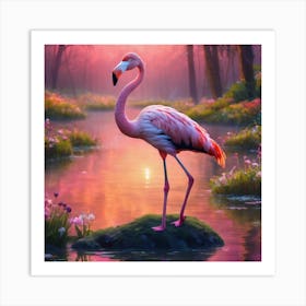 Pink Flamingo In Forest At Sunset Art Print