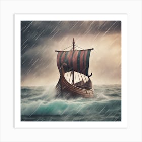 Viking Ship In Stormy Sea Art Print