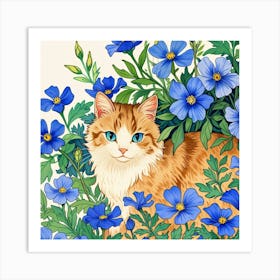 Cat In Blue Flowers 3 Art Print