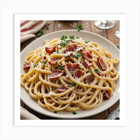 Elegant Pasta Dish A Plate Of Elegant Pasta Such As Spaghetti Carbonara Topped With Crispy Pancetta 1 Art Print