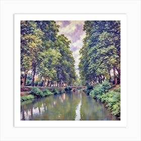 Canal de Brienne Toulouse France. This image depicts a serene riverside scene with a calm river flowing through the center, flanked by lush green trees on both sides. A quaint stone bridge arches over the river in the distance, adding a picturesque element to the tranquil setting. The sky above is partly cloudy, casting a soft light over the landscape, enhancing the peaceful ambiance. Art Print