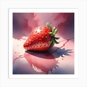 A Single, Realistic Strawberry With A Pink Liquid Dripping From It Art Print