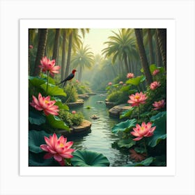 An Enchanted Egyptian Garden Filled With Lotus Flowers And Sacred Birds Art Print