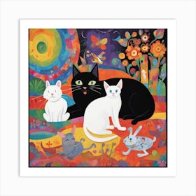 Cats And Rabbits Art Print