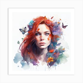 Watercolor Floral Red Hair Woman #3 Art Print