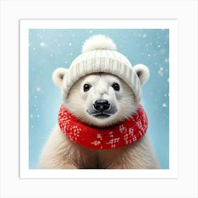 Firefly Playful, Endearing, Polar, Bear, Cub, Fluffy, White, Fur, Snowy, Backdrop, Knit, Cap, Scarf, Art Print