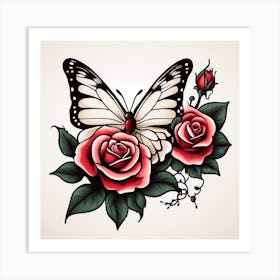 Butterfly And Roses 1 Art Print