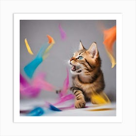 Bengal Kitten Playing With Colorful Feathers Art Print