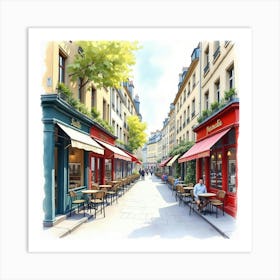 Watercolor Of A Parisian Street Scene With Vibrant Storefronts And Café Culture 1 Art Print