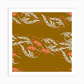 White Floral Pattern On Golden Background Square Art Print