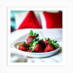 Strawberries on bed with red pillows  Art Print