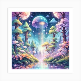 A Fantasy Forest With Twinkling Stars In Pastel Tone Square Composition 119 Art Print