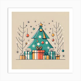 Christmas Tree with Presents Drawing Art Print