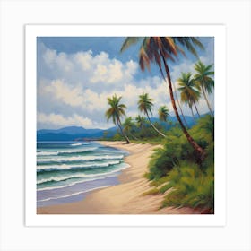 Day At The Beach, A Tranquil Beach Scene With Palm Trees And Gentle Waves art print Art Print