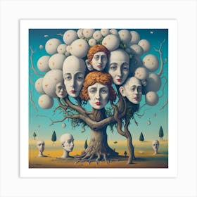 A Surrealist Tree With Heads Growing On It Art Print