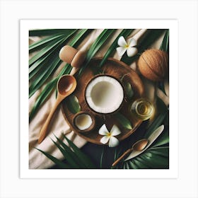 Coconut on a palm leaf 2 Art Print