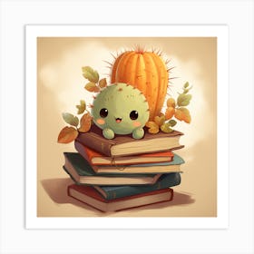 Baby Kawaii Cactus with Books & Leaves Art Print