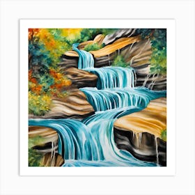 Waterfall- Beautiful waterfall at the mountain with blue sky and white cumulus clouds. Waterfall in tropical green tree forest. Waterfall is flowing in jungle. Nature abstract background. Art Print