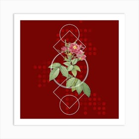 Vintage Boursault Rose Botanical with Geometric Line Motif and Dot Pattern n.0156 Art Print