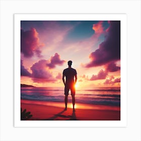 Silhouette Man On The Beach At Sunset Art Print