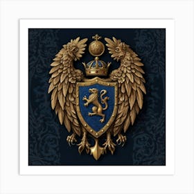 A mesmerizing coat of arms, featuring a striking eye at its center, is primarily adorned in the regal color of midnight blue. Two majestic griffins stand proudly on either side, with crossed weapons beneath them, all against a background shield. This detailed image, reminiscent of a medieval painting, exudes a sense of power and mystery. The craftsmanship is impeccable, with intricate details that command attention. The rich hues and intricate design make it a truly captivating and commanding piece of art. 2 Art Print