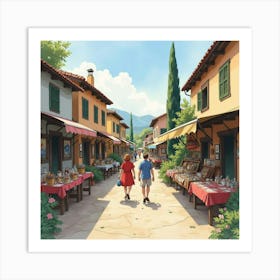 Wandering Through A Quaint Village Market, Watercolor With Artisan Stalls 1 Art Print