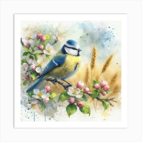 Blue Tit Watercolor: Serene Scene with Apple Blossoms and Soft Background. Art Print