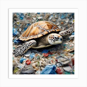 A Turtle is Laying on A Pile of Plastic Art Print