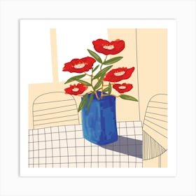 Red Flowers In A Blue Vase Art Print