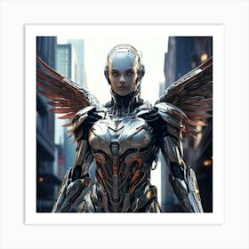 Firefly Robot, Futuristic, Superhero, Steel Wings, Damaged, Human Face, Realistic, City, Cybernetic, Art Print